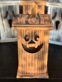 Image 5 of Cedar Jack-O-Lantern with LED candle.