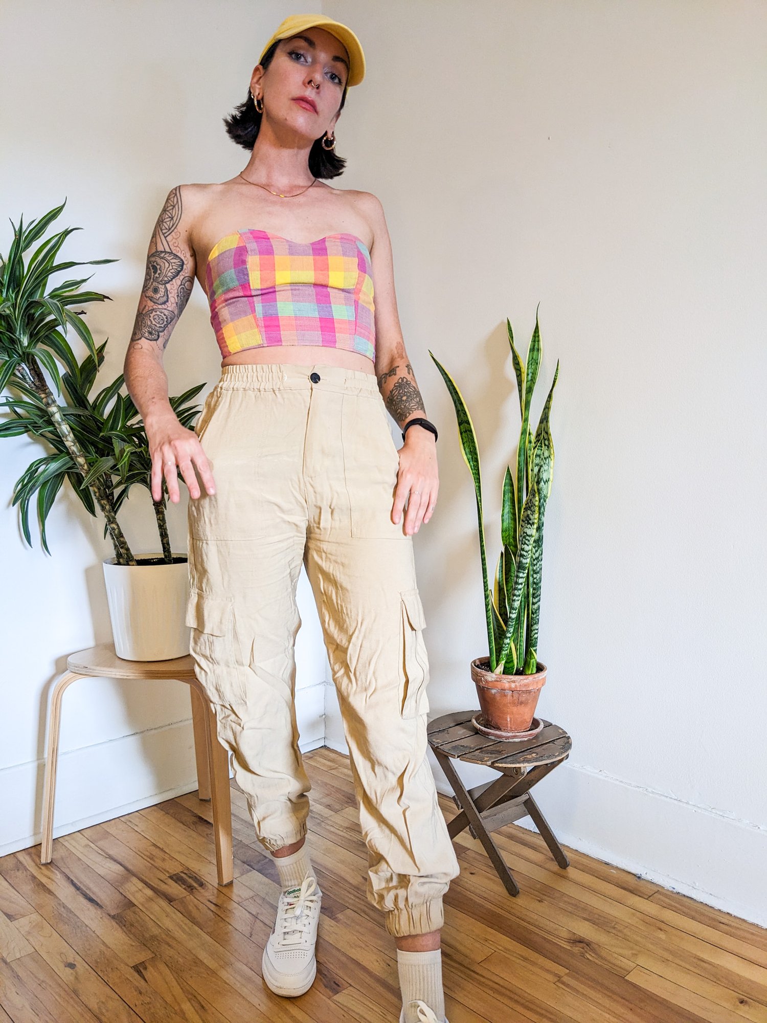 Image of Up-cycled Reversible Bananas/Pink Plaid Bodice Top 