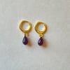 red garnet teardrop gold huggie hoop earrings