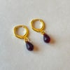 red garnet teardrop gold huggie hoop earrings