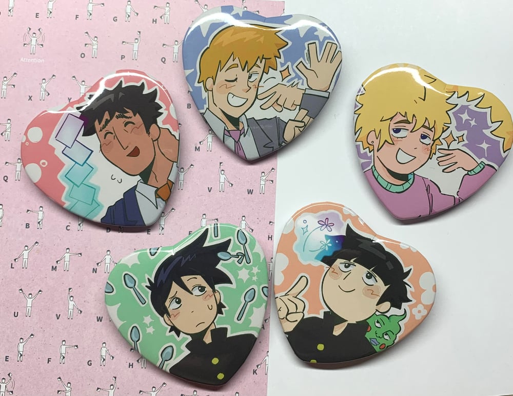 Image of mob psycho 100 heart button pins