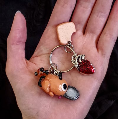 Image of LAST ONE! Handmade Pochita Keychain w/ bread and heart charms