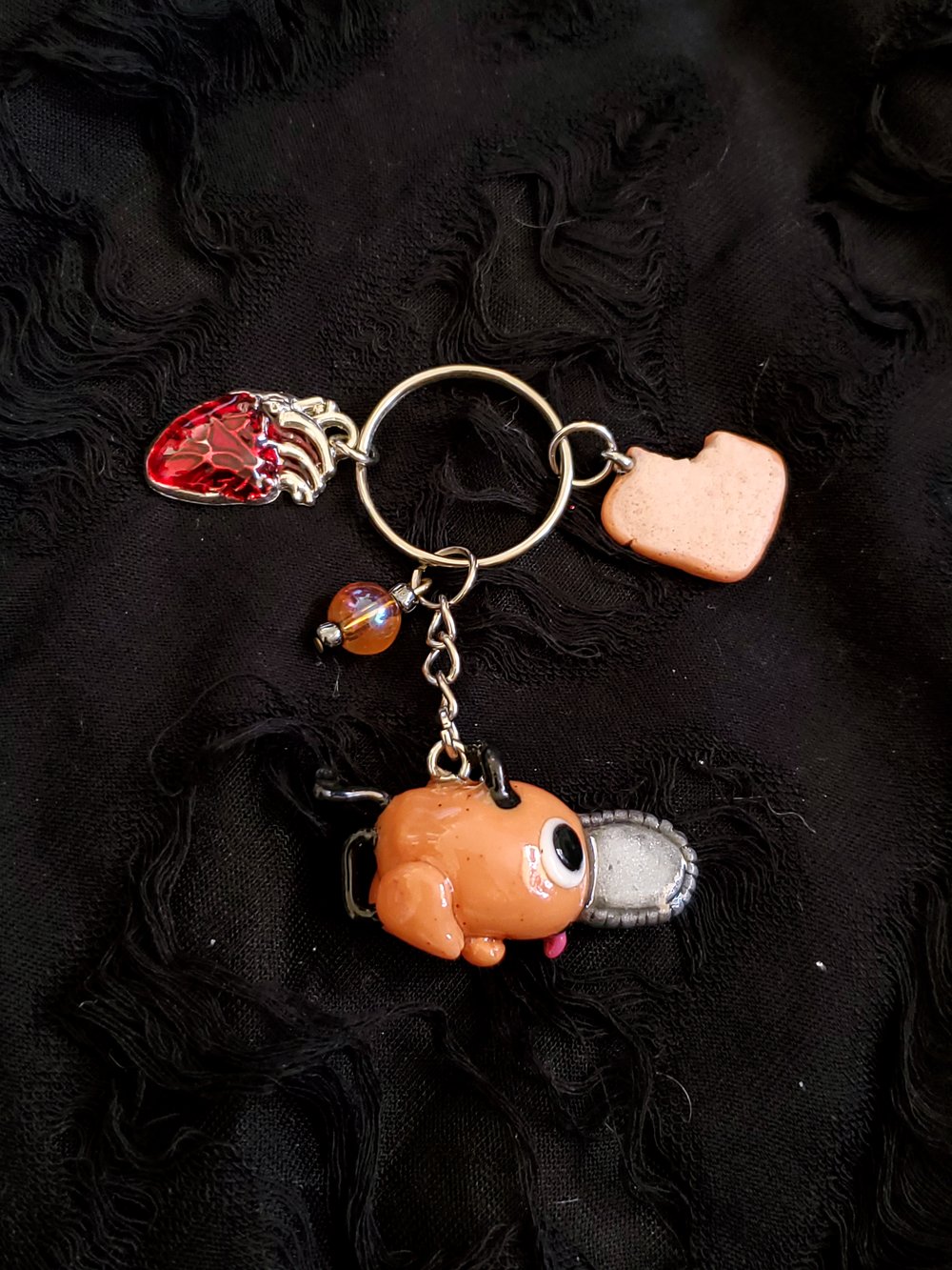 Image of LAST ONE! Handmade Pochita Keychain w/ bread and heart charms