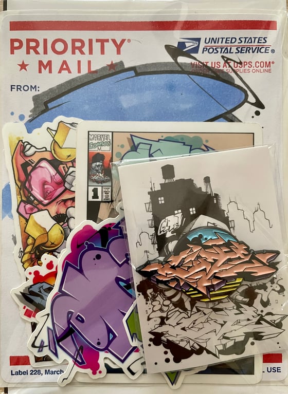 Image of Postcard, sticker and pin pack 