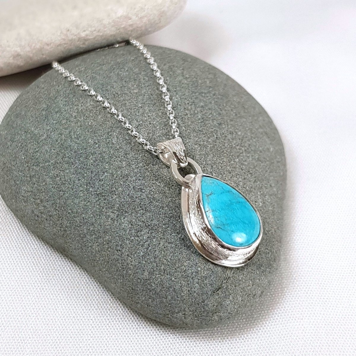 Image of Turquoise Pendant Necklace, Handmade Sterling Silver Necklace with Teardrop Turquoise Gemstone
