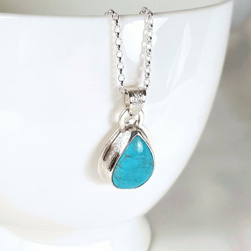 Image of Turquoise Pendant Necklace, Handmade Sterling Silver Necklace with Teardrop Turquoise Gemstone