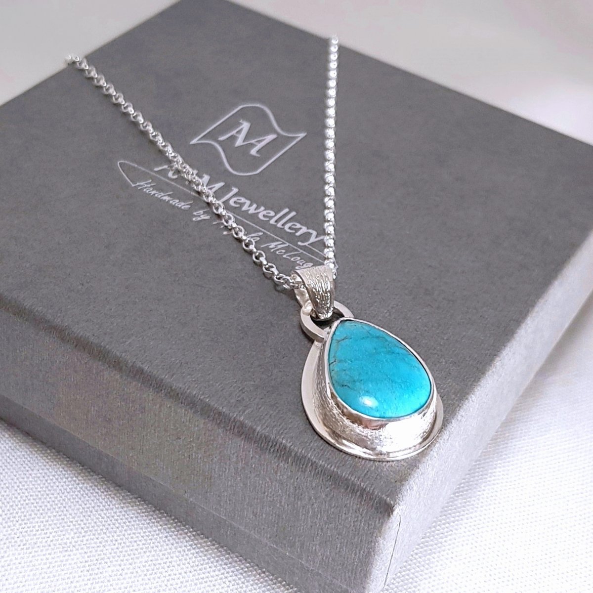 Image of Turquoise Pendant Necklace, Handmade Sterling Silver Necklace with Teardrop Turquoise Gemstone