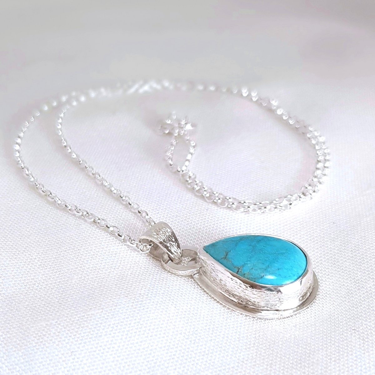 Image of Turquoise Pendant Necklace, Handmade Sterling Silver Necklace with Teardrop Turquoise Gemstone