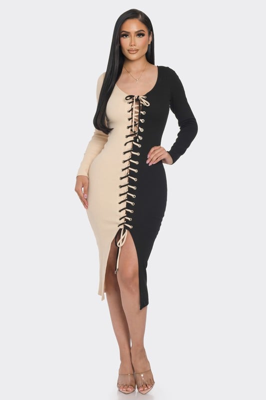 Image of 3PACK HALF N HALF LACE UP DRESS-BLACK/CREAM