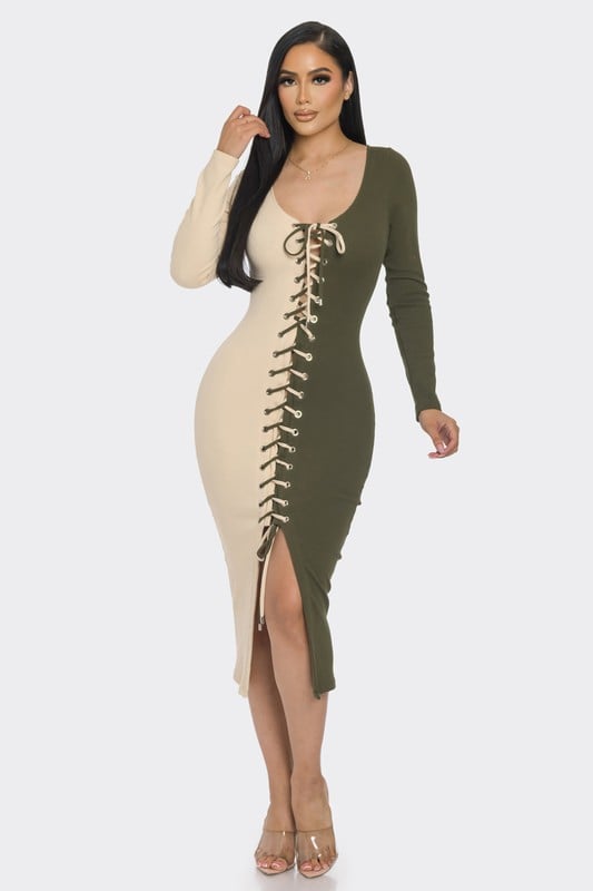 Image of 3PACK HALF N HALF LACE UP DRESS-OLIVE/CREAM