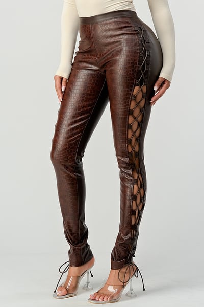 Image of 3PACK CROC EMBOSSED FAXU LEATHER TIEUP SIDE PANTS-CHOCOLATE