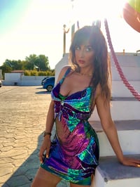 Image 3 of Purple and Green Sequin Butterfly Chainmail Dress