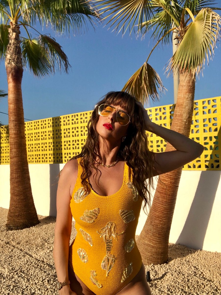 Image of Hand Embellished Seersucker Swimsuit - Yellow