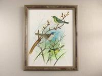 Image 1 of Vintage Fabric Painting of Birds on Tree Branches in Frame Sized 11 1/4 x 9 1/4 inches, Unsigned 
