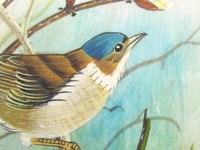 Image 7 of Vintage Fabric Painting of Birds on Tree Branches in Frame Sized 11 1/4 x 9 1/4 inches, Unsigned 
