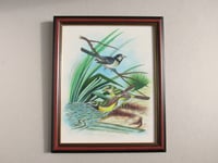 Image 1 of  Vintage Painting on Fabric, Birds by a River, in Frame Sized 11 3/10 x 9 1/4 inches, Unsigned 