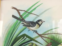 Image 3 of  Vintage Painting on Fabric, Birds by a River, in Frame Sized 11 3/10 x 9 1/4 inches, Unsigned 