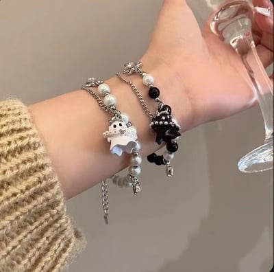 Image of Aesthetic Black White Ghost Pearl Chain Bracelet