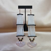 Image 1 of 2 Tier Dentalium Earrings (Rose Quartz Hearts)