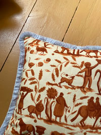 Image 4 of Pre-order Red Toile Cushion cover - with light blue fringe