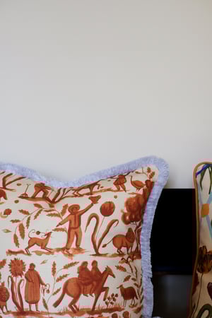 Image of Red Toile Cushion cover - with light blue fringe