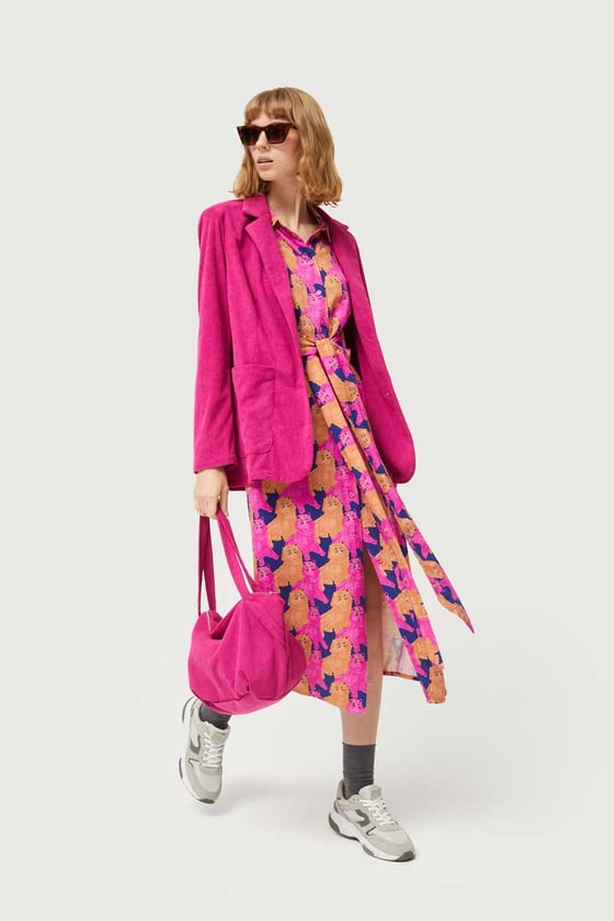 Image of Vestido midi camisero con estampado de gatos