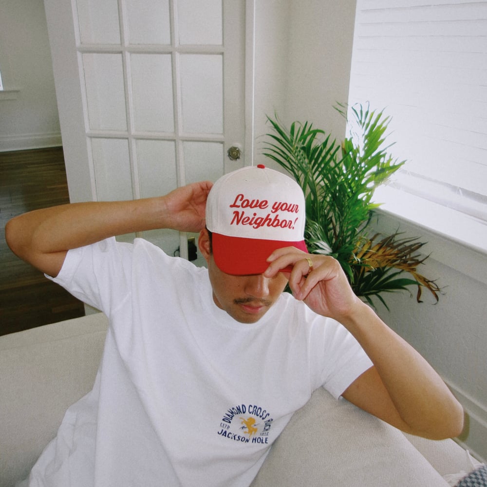 Image of love your neighbor embroidered hat - red / white