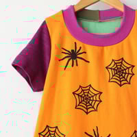 Image 2 of spiders spiderwebs pocket halloween 8/10 short sleeve courtneycourtney twirly dress purple 