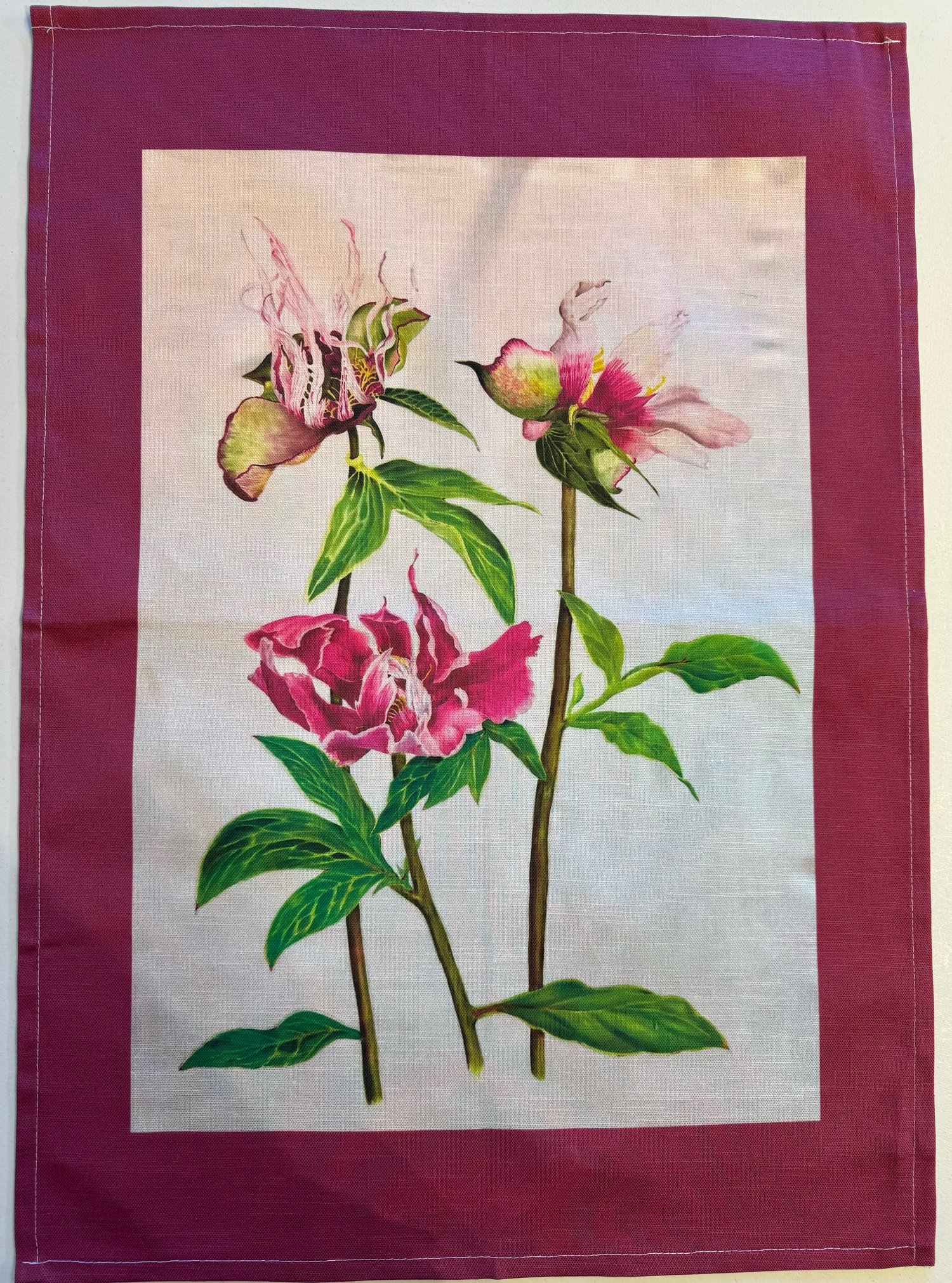 Image of THREE PEONIES WITH BURGANDY TRIM TABLE RUNNER