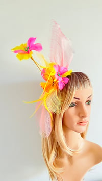 Image 1 of Yellow and Pink Feather Fascinator