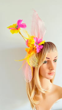 Image 3 of Yellow and Pink Feather Fascinator