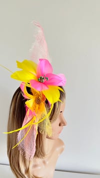 Image 4 of Yellow and Pink Feather Fascinator