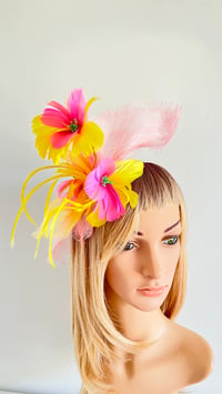 Image 1 of Pink and Yellow Feather Fascinator