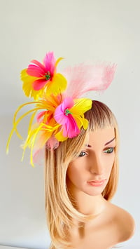 Image 2 of Pink and Yellow Feather Fascinator