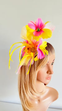 Image 3 of Pink and Yellow Feather Fascinator