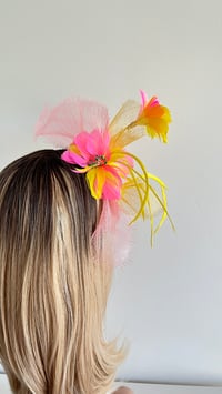 Image 4 of Pink and Yellow Feather Fascinator