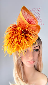 Image 1 of Orange Yellow Red Feather Fascinator