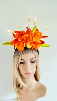 Image 1 of Orange Lily and Hydrangeas Flower Crown Fascinator 