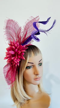 Image 1 of Pink Flower Fascinator with Purple Feather