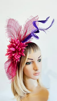 Image 4 of Pink Flower Fascinator with Purple Feather