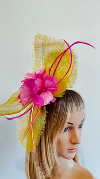 Image 1 of Yellow Sinamay and Pink Feather Fascinator