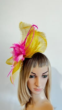 Image 2 of Yellow Sinamay and Pink Feather Fascinator