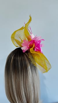 Image 3 of Yellow Sinamay and Pink Feather Fascinator