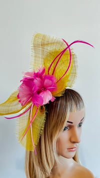 Image 4 of Yellow Sinamay and Pink Feather Fascinator