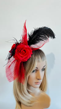 Image 1 of Red Rose and Black Feather Fascinator