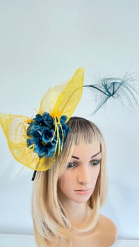 Image 1 of Yellow and Blue Fascinator with Silk Flower