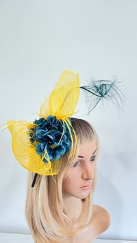 Image 2 of Yellow and Blue Fascinator with Silk Flower