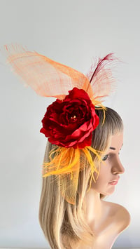 Image 1 of Red Rose and Orange Fascinator with Feather