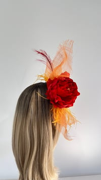 Image 2 of Red Rose and Orange Fascinator with Feather