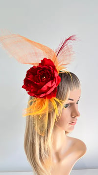 Image 3 of Red Rose and Orange Fascinator with Feather